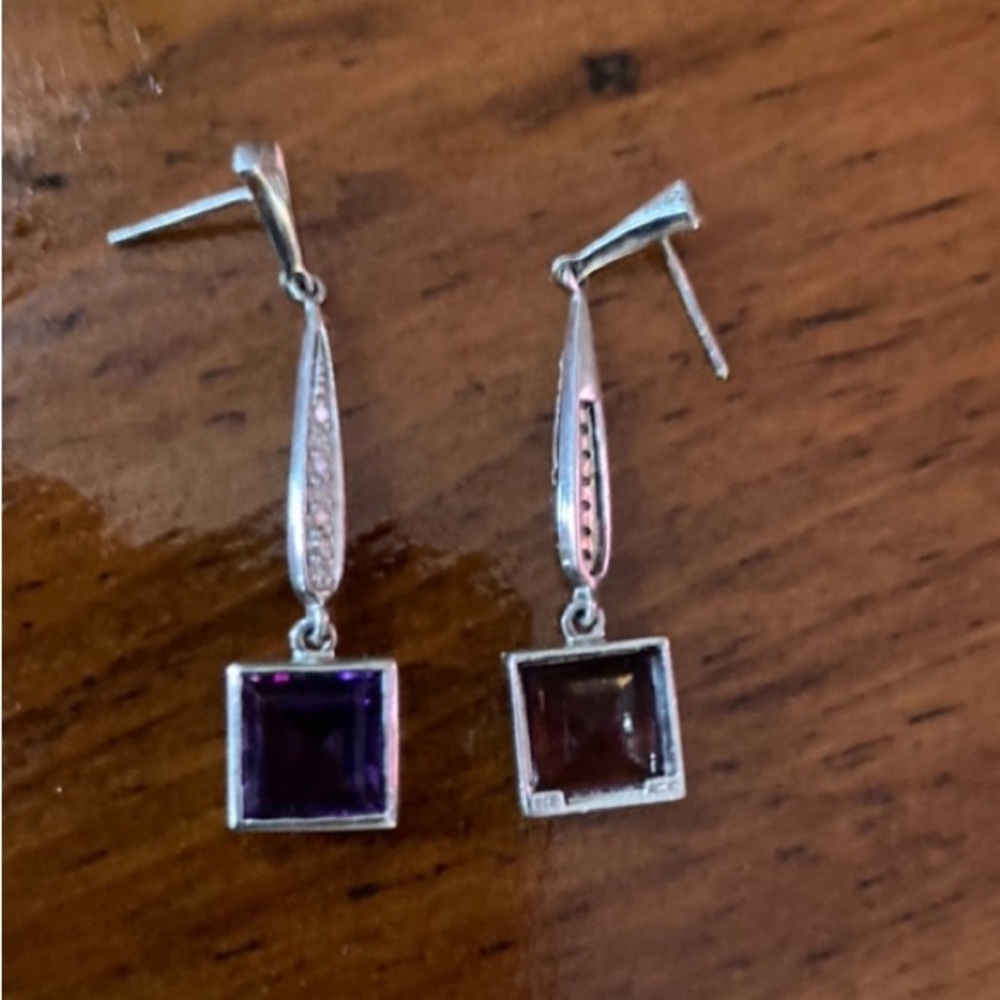 Sterling silver Diamond chips and Amethyst pierced earrings